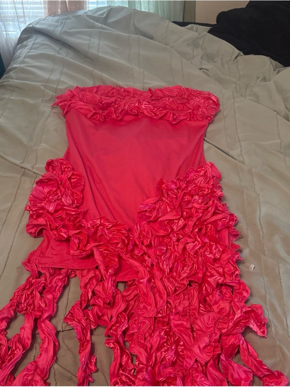 Strapless Red Ruffled Evening Dress